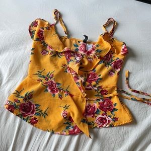 Mustard Floral Wrap Style Top